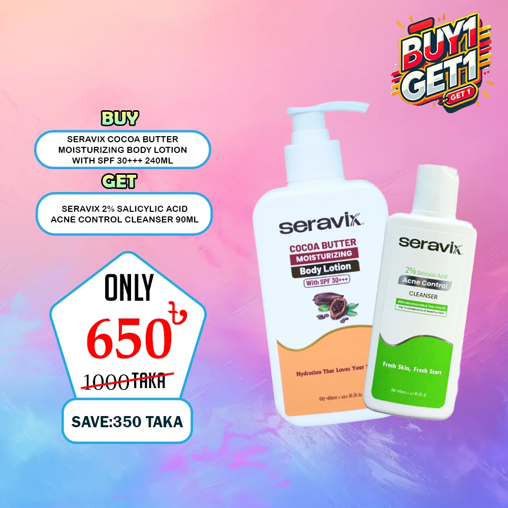 Buy 1 Get 1 Seravix Cocoa Butter Moisturizing Body Lotion With Spf 30+++ 240ml + Seravix 2% Salicylic Acid Acne Control Cleanser 90ml