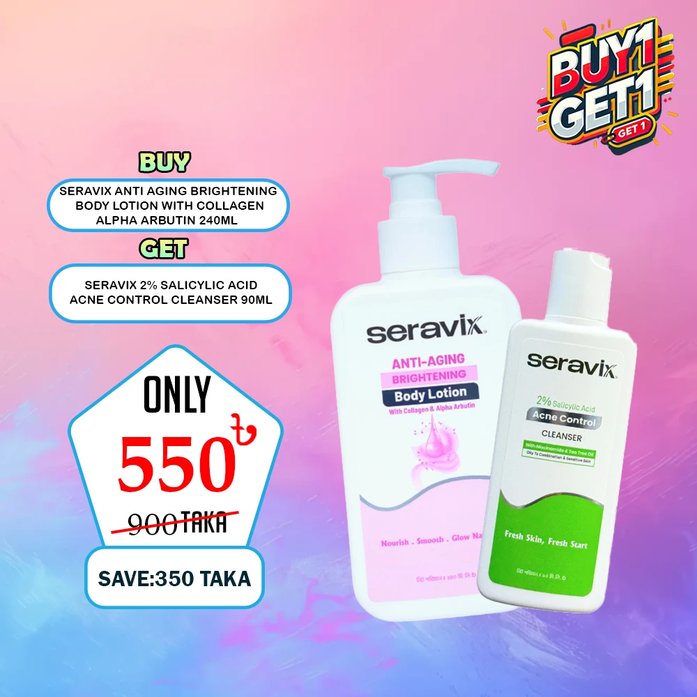 Buy 1 Get 1 Seravix Anti Aging Brightening Body Lotion With Collagen & Alpha Arbutin 240ml + Seravix 2% Salicylic Acid Acne Control Cleanser 90ml