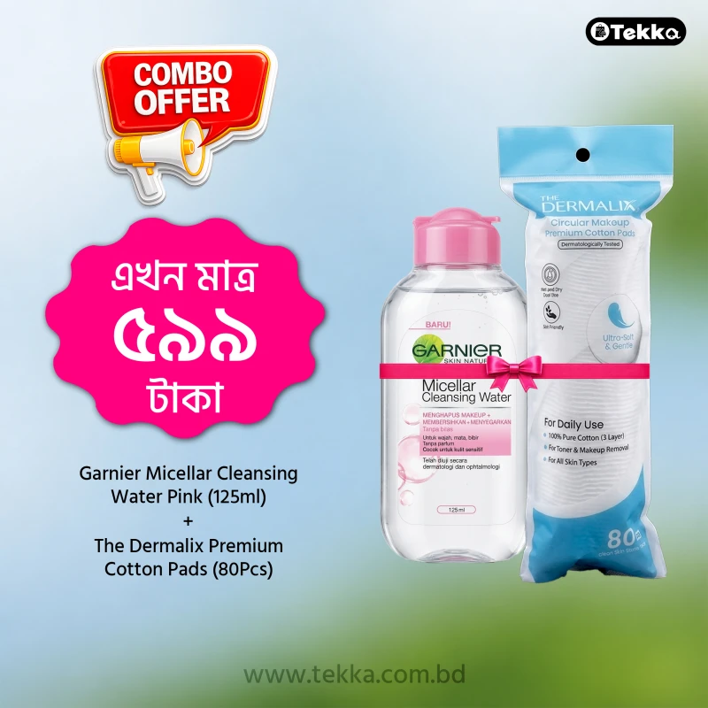 Combo Offer - (The Dermalix Premium Cotton Pads 80Pcs + Garnier Micellar Cleansing Water Pink 125ml)