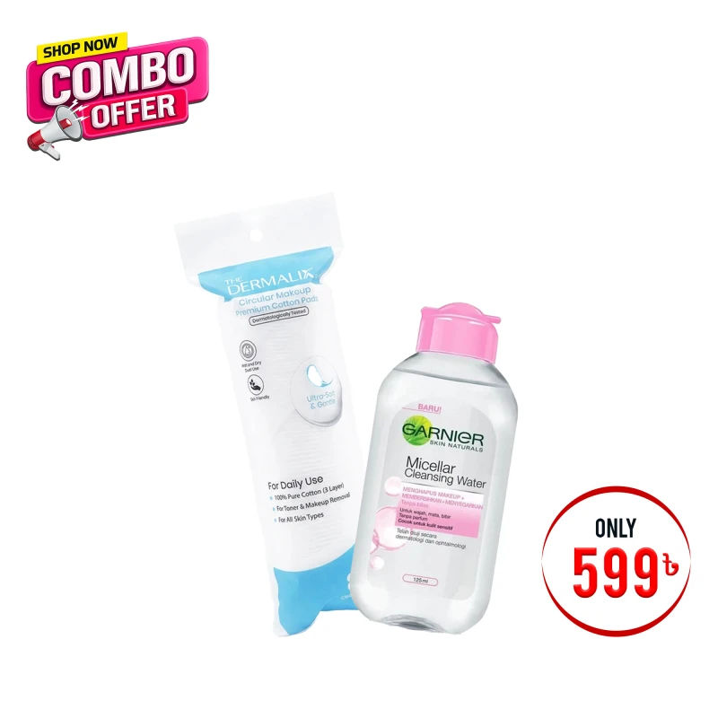 Combo Offer - (The Dermalix Premium Cotton Pads 80Pcs + Garnier Micellar Cleansing Water Pink 125ml)