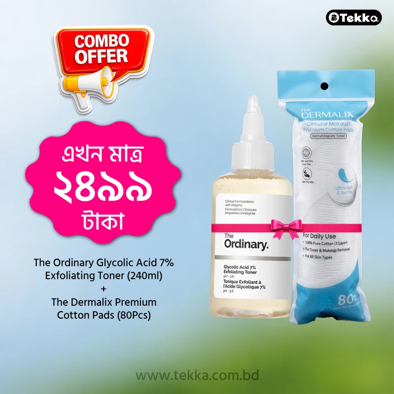 Combo Offer - (The Dermalix Premium Cotton Pads 80Pcs + The Ordinary Glycolic Acid 7% Exfoliating Toner 240ml)