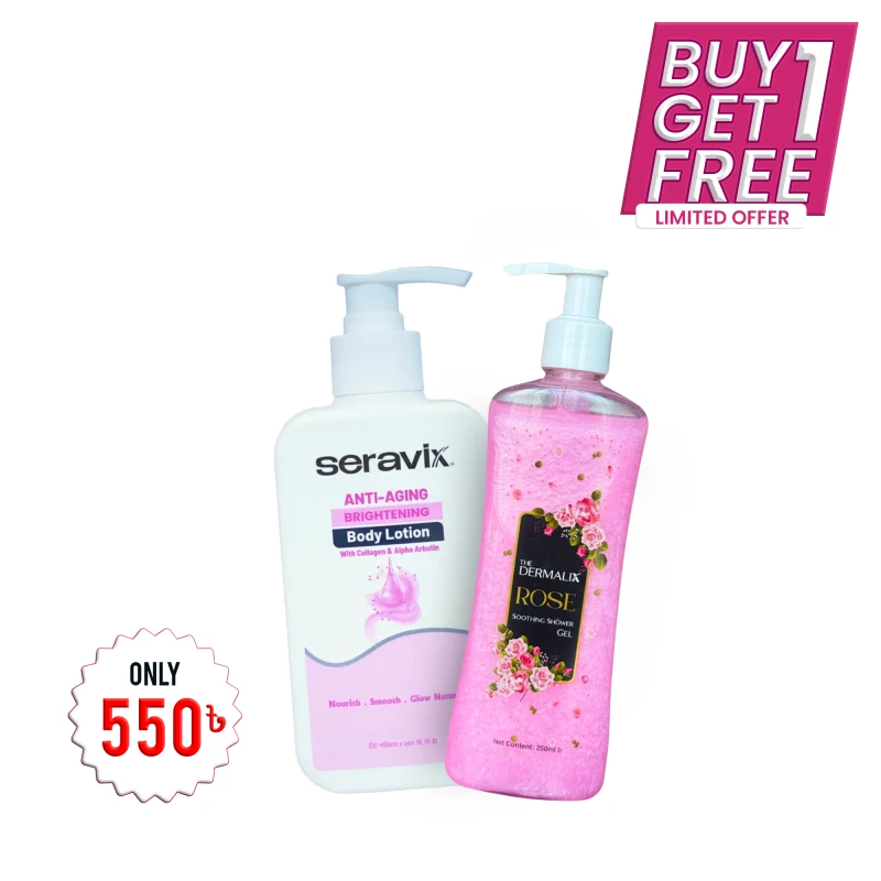 RADIANT Body Duo Buy Seravix Anti Aging Brightening Body Lotion With Collagen & Alpha Arbutin 240ml + The Dermalix Rose Soothing Shower Gel 250ml